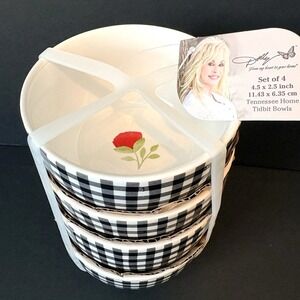 Set of 4 Dolly Parton Tennessee Home Tidbit Bowls Black White Gingham Red Flower